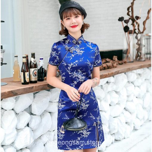 Traditional Oriental Floral Satin Mandarin Collar Short Qipao Cheongsam Dress (Many Colors) 24