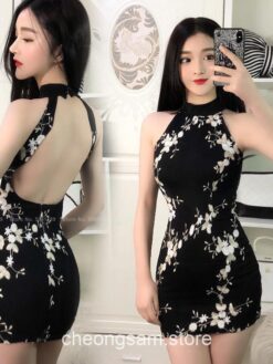 Elegant Retro Pattern Printed Slim Sleeveless Mini Qipao Cheongsam Dress 1