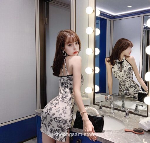 Elegant Retro Pattern Printed Slim Sleeveless Mini Qipao Cheongsam Dress 3
