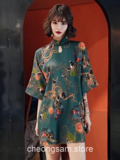 Hanfu Style Crane Printed Qipao Cheongsam Dress 1