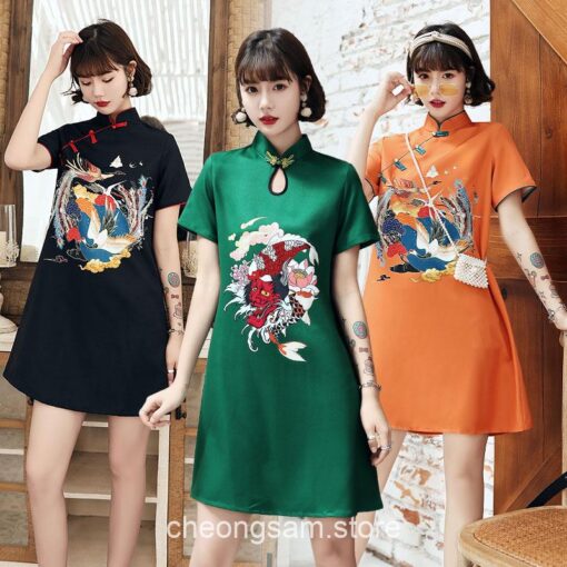 Hanfu Style Crane Printed Qipao Cheongsam Dress 14