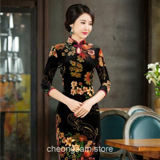 Traditional Chinese Gentle Velvet Mandarin Collar Qipao Cheongsam Dress 1