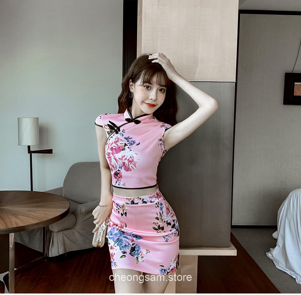 Aesthetic Chinese Style Printed Tops And Mini Skirts Set