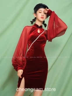 Chinese Style Velvet Bodycon Slim Qipao Cheongsam Dress 2