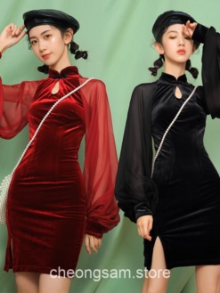 Chinese Style Velvet Bodycon Slim Qipao Cheongsam Dress 1