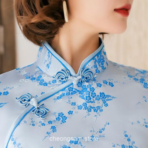 Traditional Oriental Floral Satin Mandarin Collar Short Qipao Cheongsam Dress (Many Colors) 14