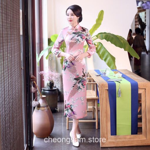 Traditional Oriental Elegant Satin Long Sleeve Qipao Cheongsam Dress 19