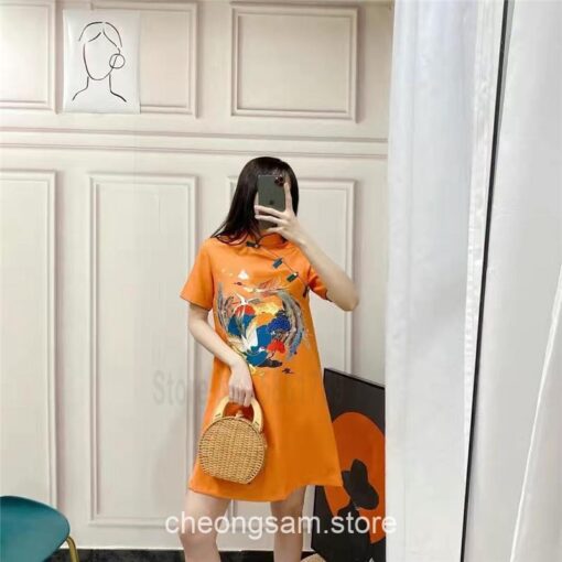 Hanfu Style Crane Printed Qipao Cheongsam Dress 15