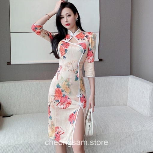 Aesthetic Flower Print Vintage Qipao Cheongsam Dress 3