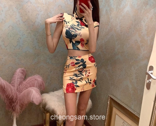 Aesthetic Chinese Style Printed Tops and Mini Skirts Set 16