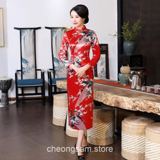 Traditional Oriental Elegant Satin Long Sleeve Qipao Cheongsam Dress 23