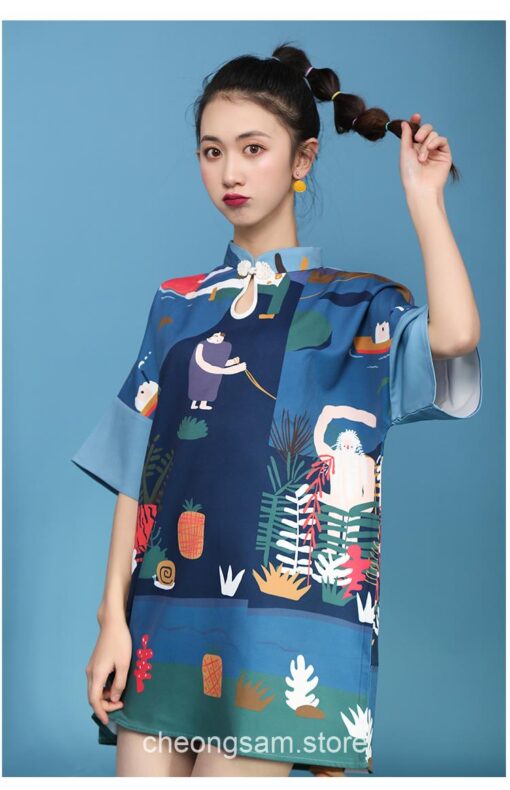 Japanese Harajuku Style Retro Printed Qipao Cheongsam Dress 15