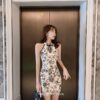 Elegant Retro Pattern Printed Slim Sleeveless Mini Qipao Cheongsam Dress 4
