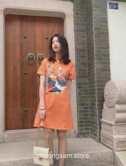 Hanfu Style Crane Printed Qipao Cheongsam Dress 20