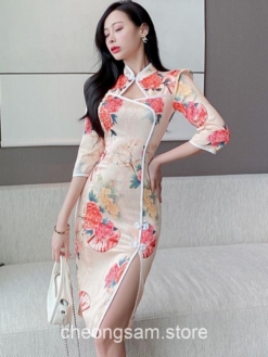 Aesthetic Flower Print Vintage Qipao Cheongsam Dress 1