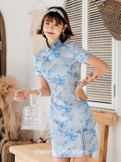 Traditional Oriental Floral Satin Mandarin Collar Short Qipao Cheongsam Dress (Many Colors) 12