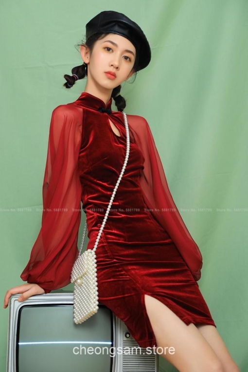 Chinese Style Velvet Bodycon Slim Qipao Cheongsam Dress 6