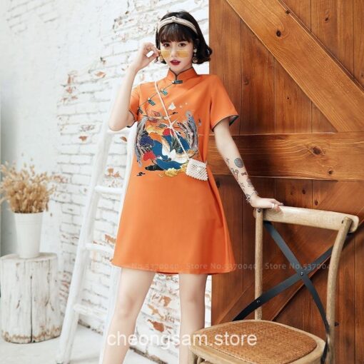 Hanfu Style Crane Printed Qipao Cheongsam Dress 3