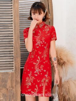 Traditional Oriental Dragon Satin Mandarin Collar Short Qipao Cheongsam Dress (Many Colors) 1