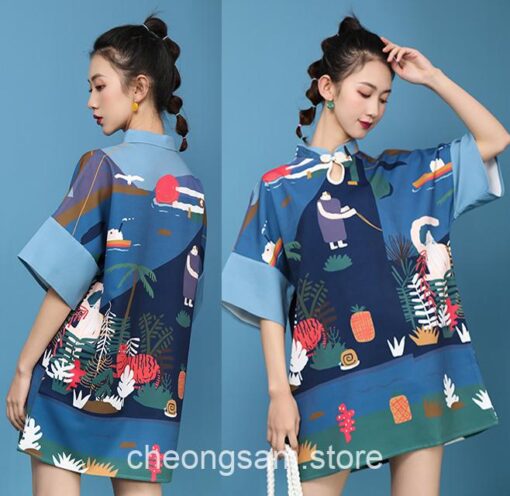 Japanese Harajuku Style Retro Printed Qipao Cheongsam Dress 5