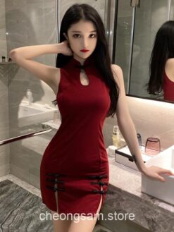 Sleeveless Solid Color Bodycon Qipao Cheongsam Dress 1