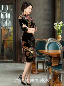 Traditional Chinese Gentle Velvet Mandarin Collar Qipao Cheongsam Dress 2