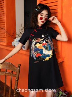 Hanfu Style Crane Printed Qipao Cheongsam Dress 2